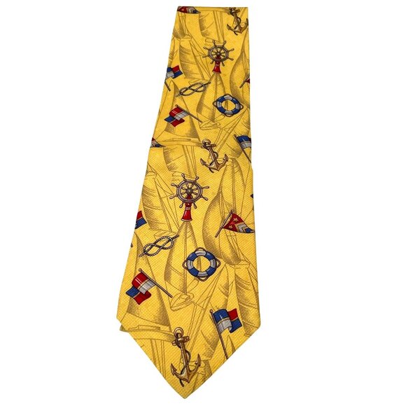 Evan-Picone Sport Nautical Yacht Club Yellow Tie 100% Silk Anchors Flags Men's - Picture 7 of 7